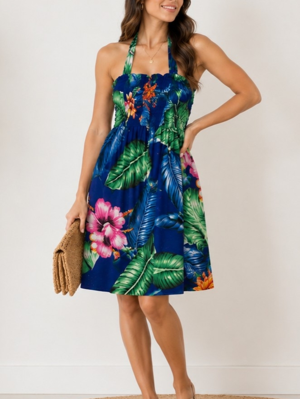 Tropical Halter Sundress in Blue & Green